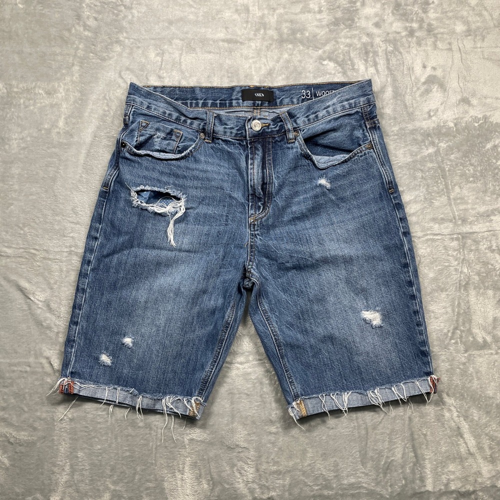 Blank NYC Mens Wooster Distressed Denim Shorts Blue Cuffed Frayed Hem Size 33